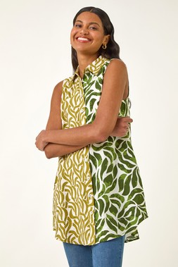 Roman Leaf Print Button Longline Shirt