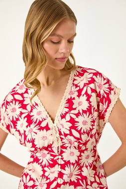 Roman Floral Print Lace Trim Top