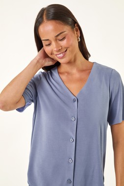 Roman Petite Blue V-Neck Buttoned Blouse
