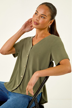 Roman Petite Khaki V-Neck Buttoned Blouse