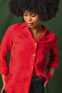 Roman Red Floral Embroidered Collared Shirt