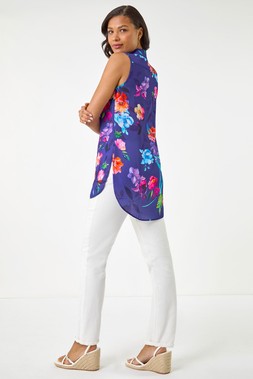 Roman Purple Floral Leaf Print Longline Button Blouse