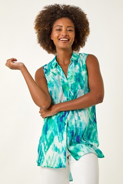 Roman Blue Abstract Print Button Longline Blouse