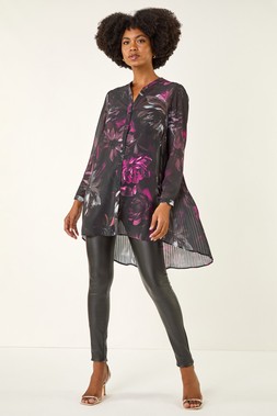 Roman Black Floral Print Pleated Back Blouse