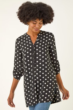Black Spot Print Longline Buttoned Blouse