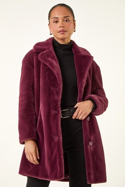 Roman Petite Wine Longline Faux Fur Coat