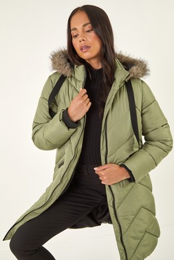 Roman Petite Khaki Contrast Zip Puffer Coat