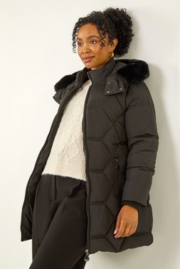 Roman Petite Black Hooded Quilted Puffer Coat