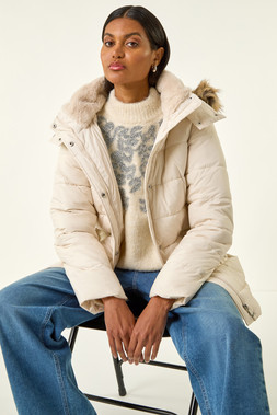 Roman Cream Faux Fur Padded Belt Coat