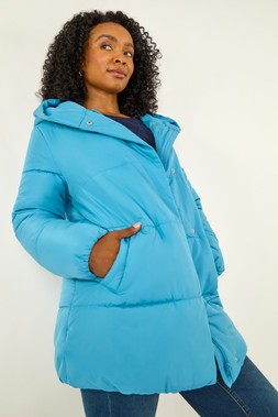 Blue Petite Hooded Quilted Puffer Coat