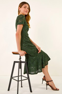 Roman Green Leaf Lace Sequin Midi Dress