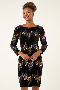 Roman Navy Sequin Velvet Shift Stretch Dress