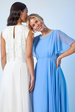 Roman Petite Lace Top Overlay Midi Dress & Petite Trim Neck Short Sleeve Dress