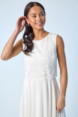 Roman Petite Ivory Lace Top Overlay Midi Dress