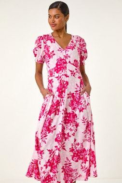 Roman Floral Print Button Through Midi Dress