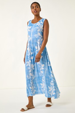 Roman Leaf Print Shirred Bodice Midi Dress