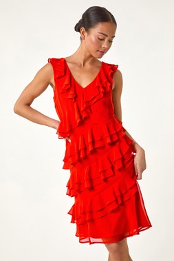 Roman Petite Orange Plain V-Neck Ruffle Dress