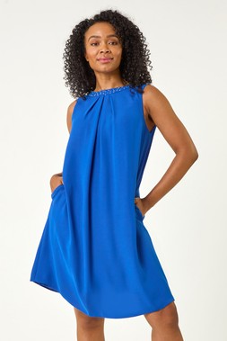 Roman Petite Royal Blue Gathered Neck Hotfix Dress