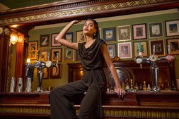 Roman Chocolate Sequin Bodice Cowl Neck Jumpsuit