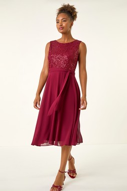 Roman Bordeaux Sequin Bodice Betlted Chiffon Dress