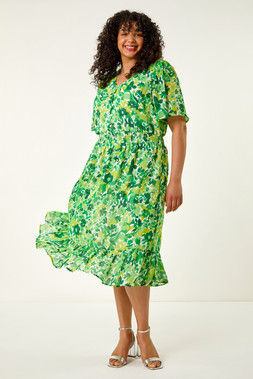 Roman Curve Green Floral Button Detail Midi Dress