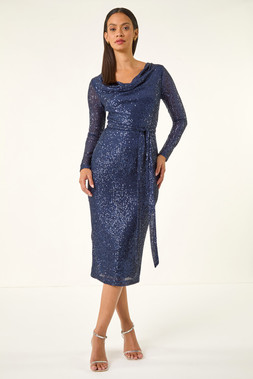 Roman Dusk Navy Sequin Cowl Neck Stretch Dress