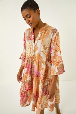 Roman Orange Cotton Printed Frill Smock Dress