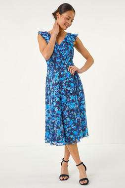 Roman Petite Navy Floral Print Frill Front Midi Dress
