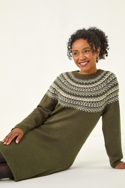 Roman Petite Khaki Fairisle Knit Jumper Dress