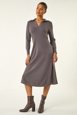 Dark Grey Scallop Detail Knitted Midi Dress