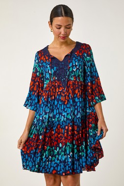Roman Abstract Spot Print Lace Trim Dress