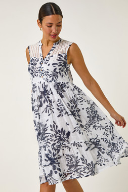 Roman Floral Print Lace Detail Smock Dress