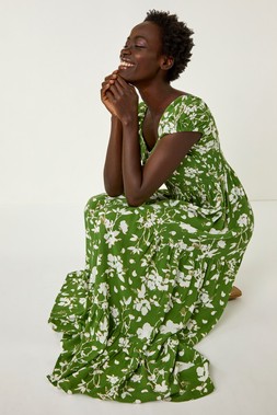 Roman Green Floral Print Tiered Maxi Dress