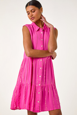 Roman Fuchsia Shimmer Button Through Shirt Dress