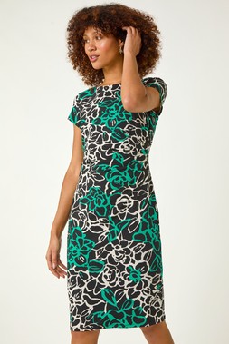 Roman Green Floral Side Ruched Dress
