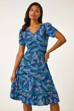 Roman Navy Abstract Button Tea Dress