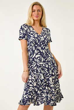 Roman Navy Petite Abstract Print V-Neck Frill Dress