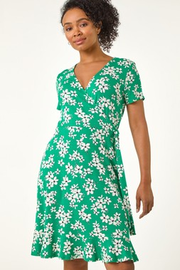 Roman Petite Green Petite Floral Print V-Neck Frill Dress
