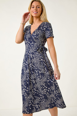 Roman Petite Navy Ditsy Tie Waist Midi Dress