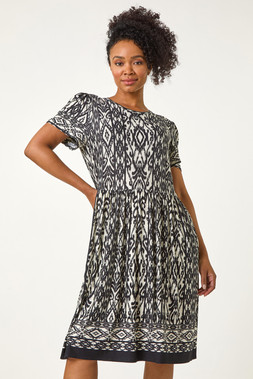 Roman Petite Black Petite Aztec Stretch Pocket Dress