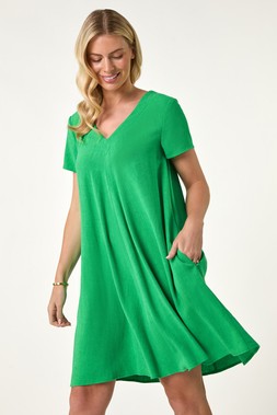 Roman Petite Green V-Neck Swing Pocket Dress