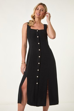 Roman Petite Black Button Front Midi Dress