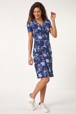 Roman Lilac Floral Puff Print Stretch Tea Dress