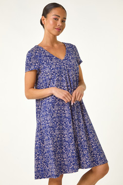 Roman Petite Navy Print V-Neck Swing Pocket Dress