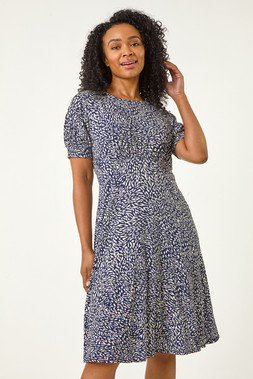 Roman Petite Navy Floral Print Shirred Stretch Dress