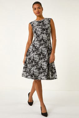 Roman Puff Print Gathered Midi Dress