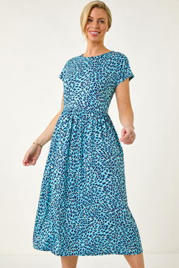 Roman Petite Blue Abstract Print Stretch Midi Dress