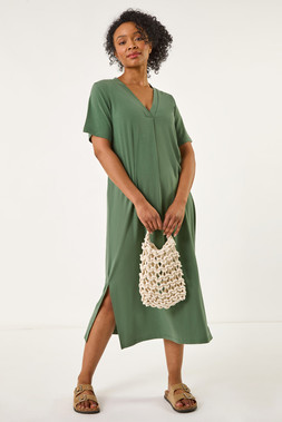 Roman Petite V-Neck Stretch Midi Dress