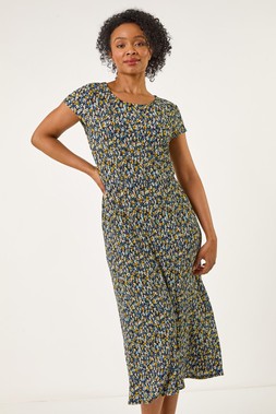 Roman Petite Floral Print Crinkle Midi Dress