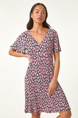 Roman Petite Black Ditsy Crinkle Forties Dress